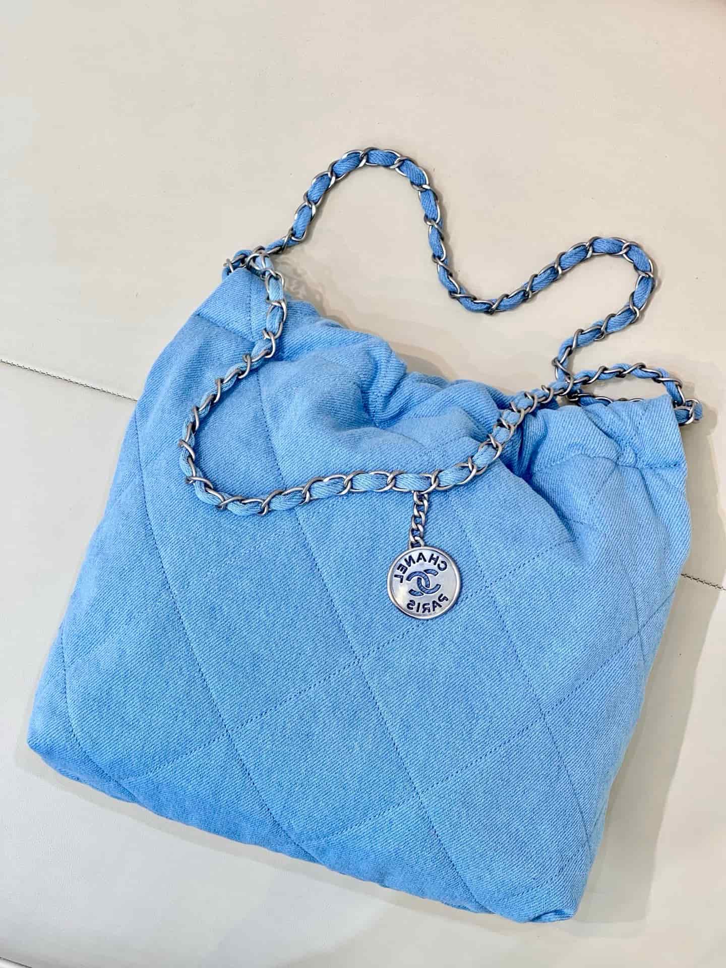 Chanel 22 Small handbag Washed denim & silver-tone metal AS3260 blue TOP