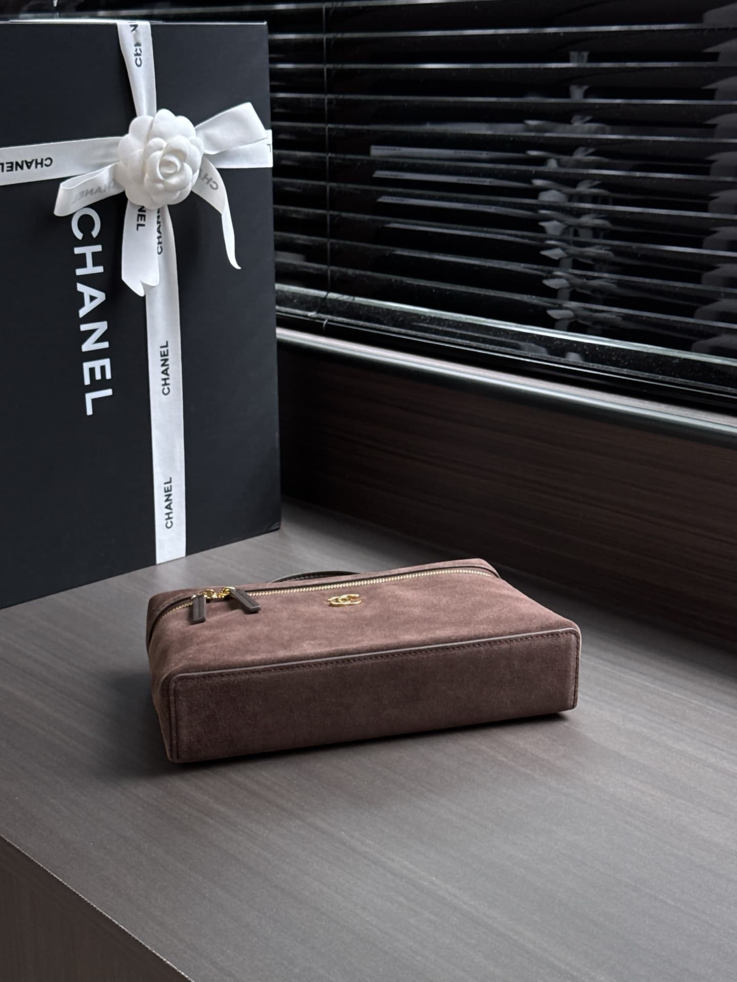 Chanel Large Vanity with Chain Suede Calfskin & Gold Metal Dark Brown AP5347 A