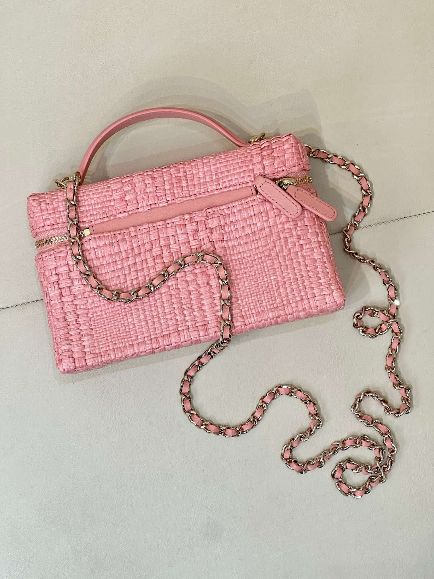 Chanel Classic Vanity with Chain Braided Raffia & Gold-Tone Metal Pink AP4385 TOP