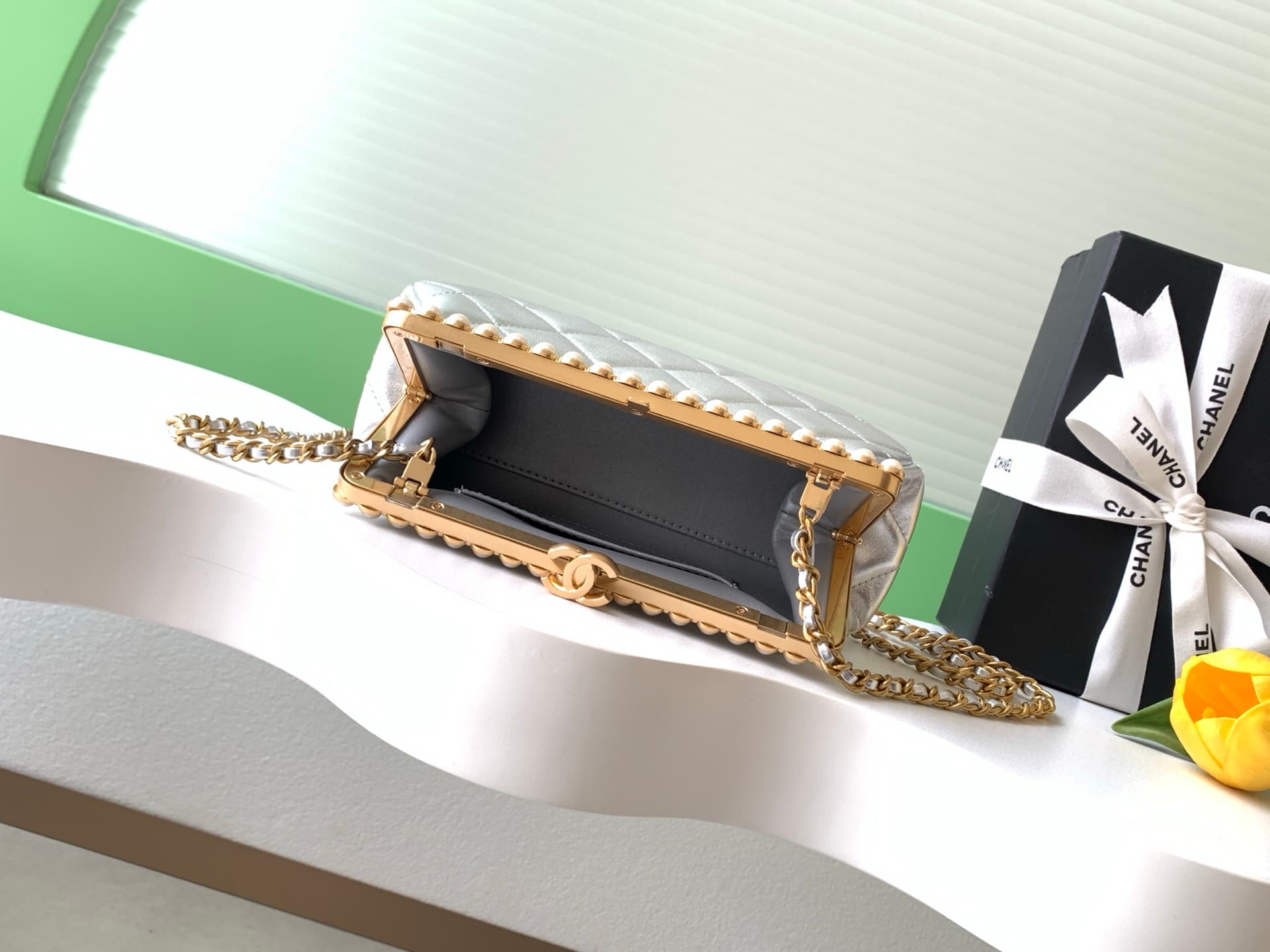 Chanel Pearly Lambskin Imitation Pearls & Gold-Tone Metal Silver AS5912 A
