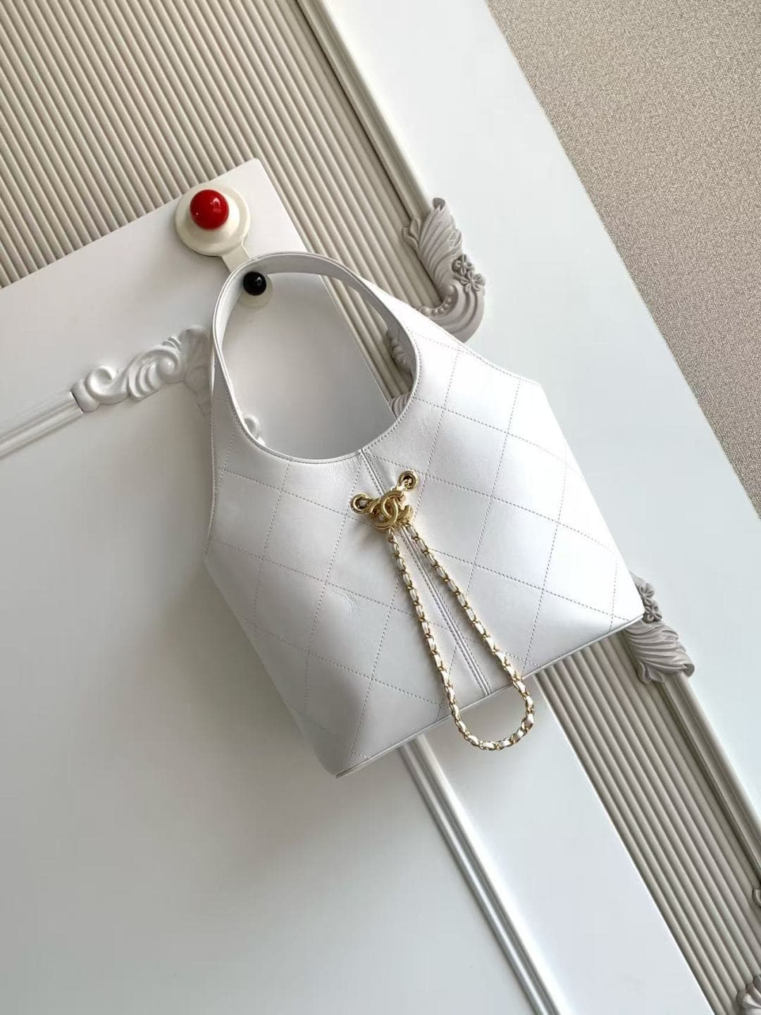 Chanel Medium Shopping Bag White Leather & Gold-Tone Metal AS6108 A