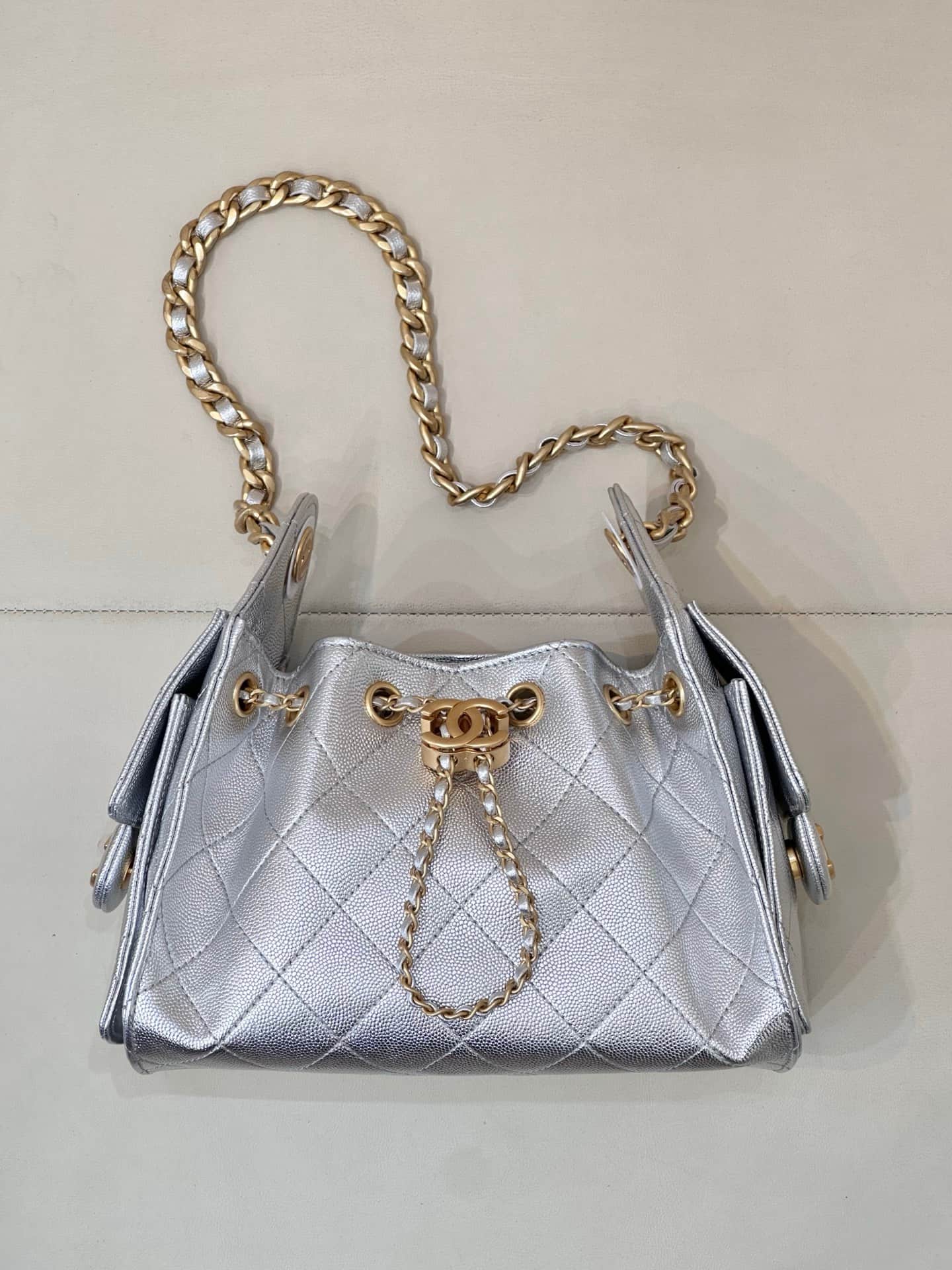 CHANEL 25 Mini Handbag AS5631 Grained Calfskin & Gold-tone Metal Silver TOP