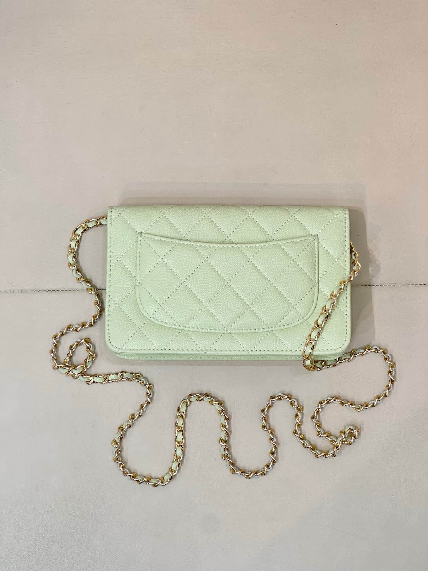 Chanel Classic Wallet on Chain Grained Shiny Calfskin& Gold-Tone Metal AP4241 Light Green TOP