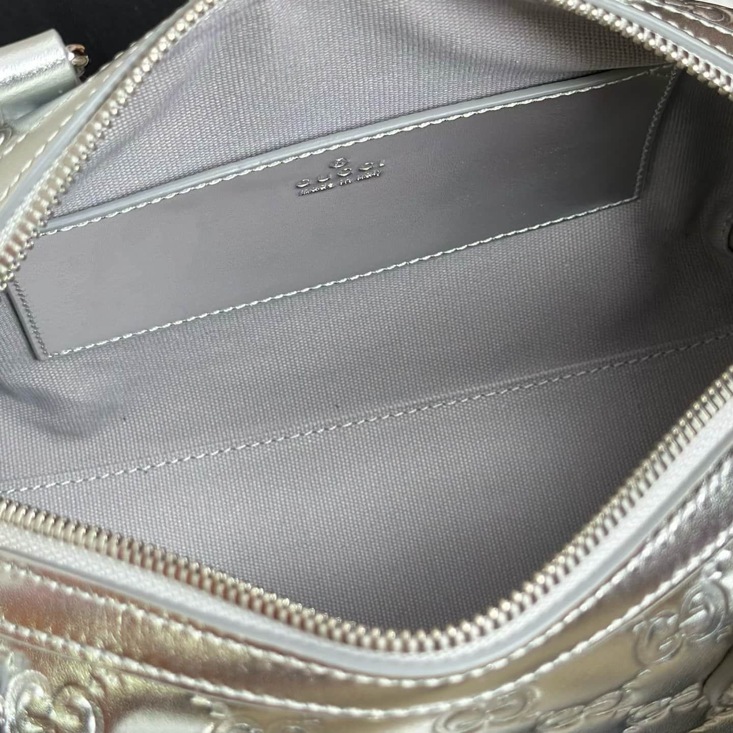 Gucci GG Emblem Small Boston Bag In Silver GG Leather 848889 High