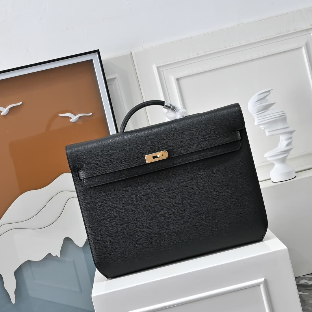 Hermes Kelly depeches Epsom 36 briefcase In Black Gold Metal CalfskIn WAX High