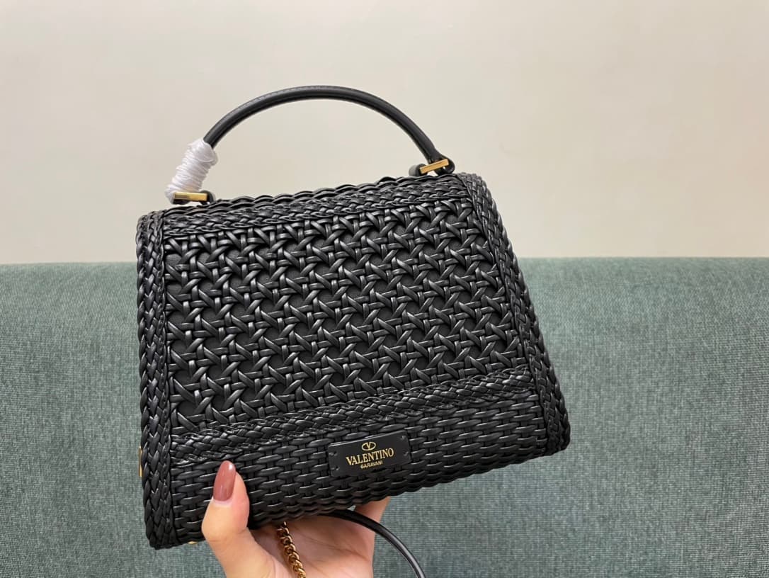 Valentino Garavani VSLING Mini Metallic Woven Top-Handle Bag Black High