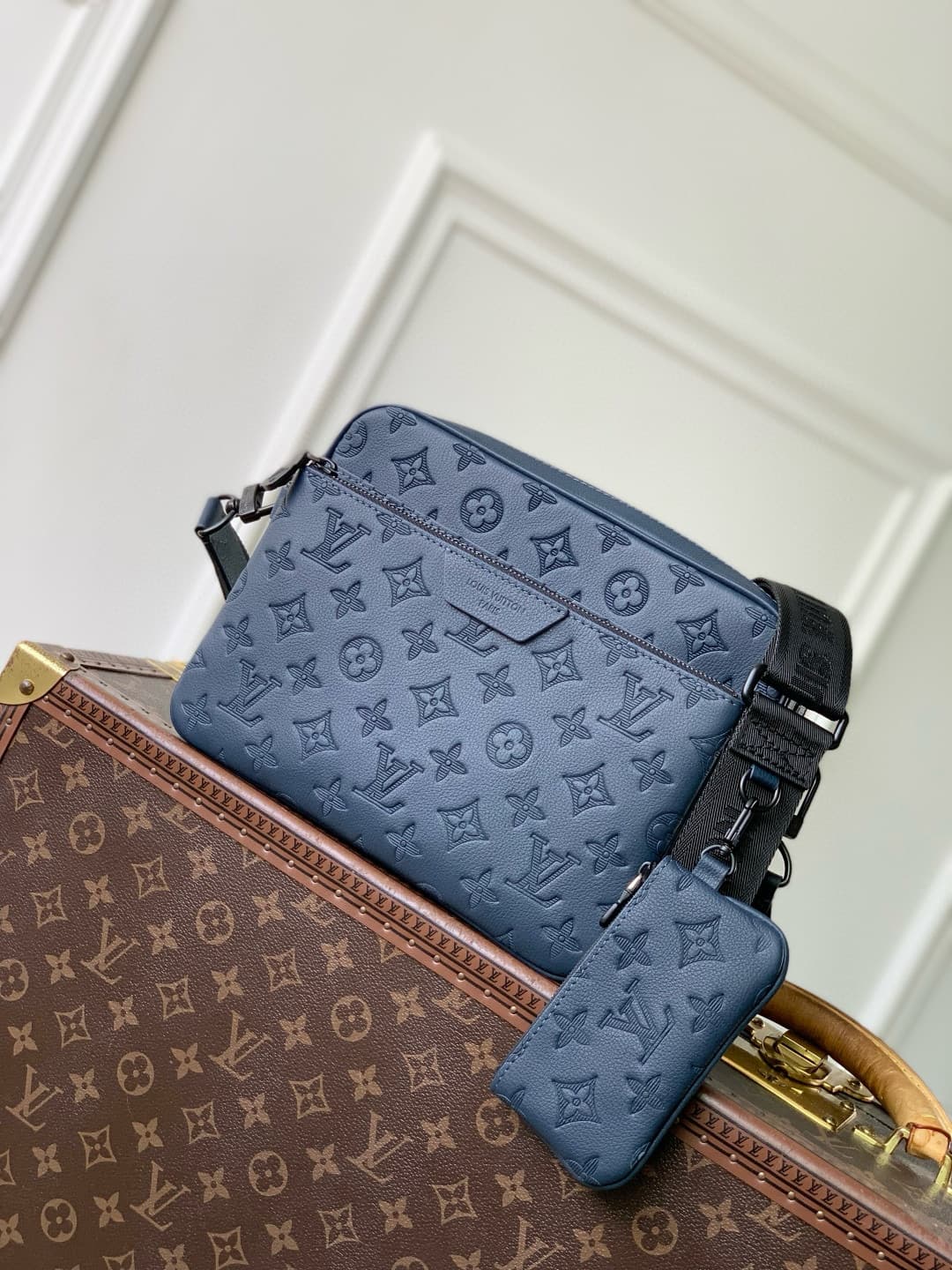 Louis Vuitton Trio Messenger Navy Blue Monogram Shadow calfskin leather M27925 High
