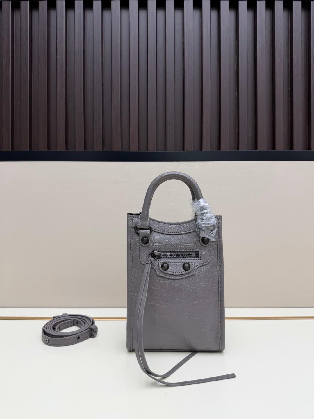 Balenciaga Le City Leather Tote Phone Holder Grey High