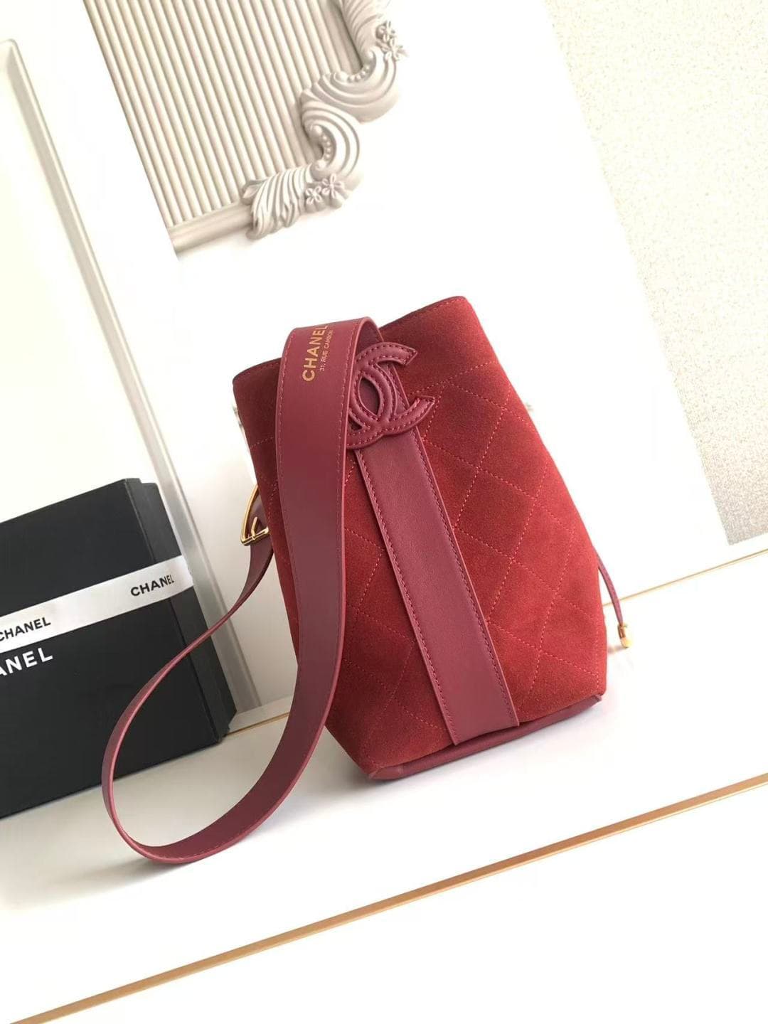 Chanel Small Bucket Bag Suede Calfskin & Gold-Tone Metal Burgundy AS6584 A