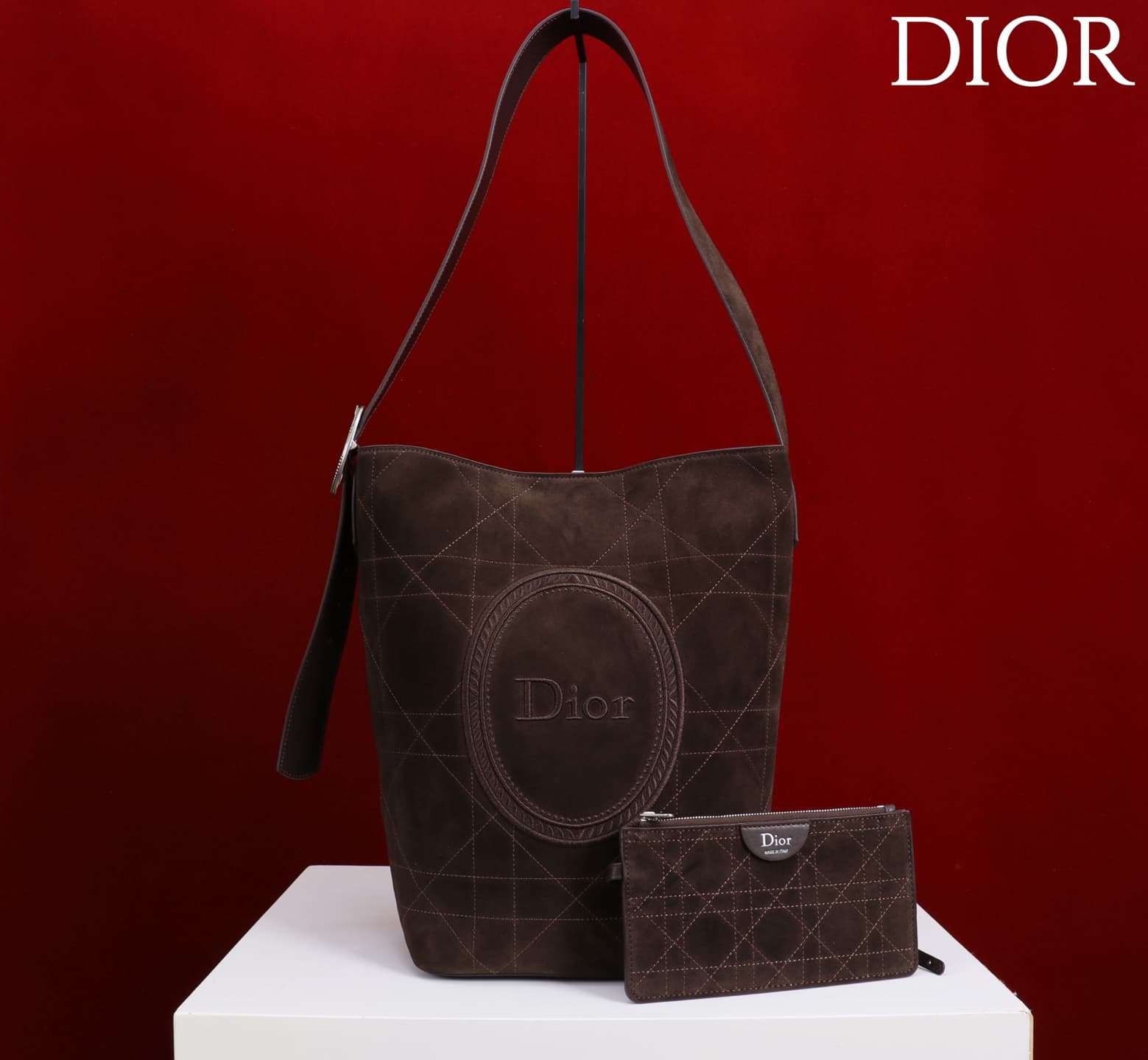 Dior Macrocannage Dark Brown Suede Leather Medium Bucket Bag High