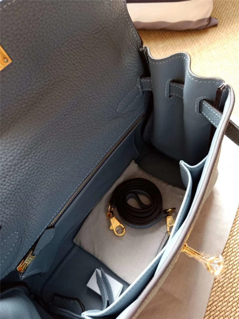 Hermes Kelly 25/28 Retourne Bag Calfskin In Bleu Lin High