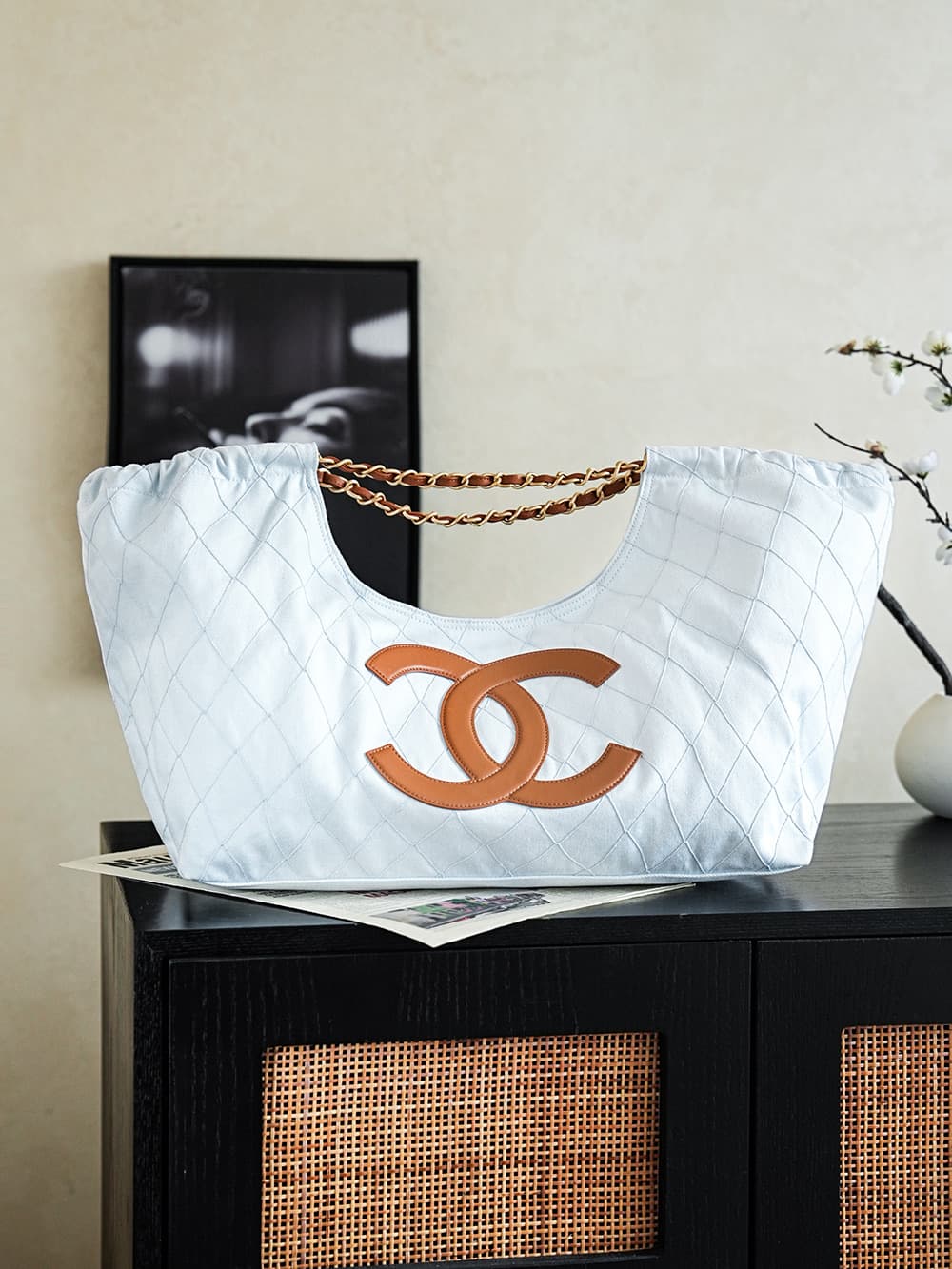 Chanel  Coco Beach Small Shopping Bag Denim Calfskin & Gold-Tone Metal White & Beige AS6191 A