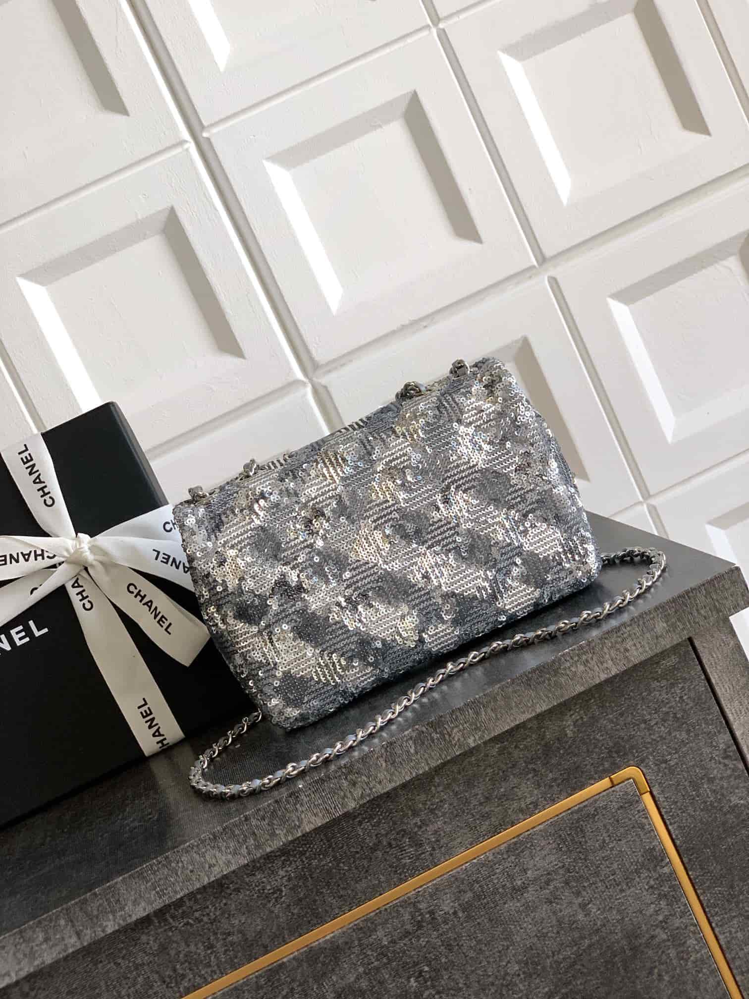 Chanel Classic Mini Flap Bag Sequins Embroidery & Silver-Tone Metal Silver 6171 A