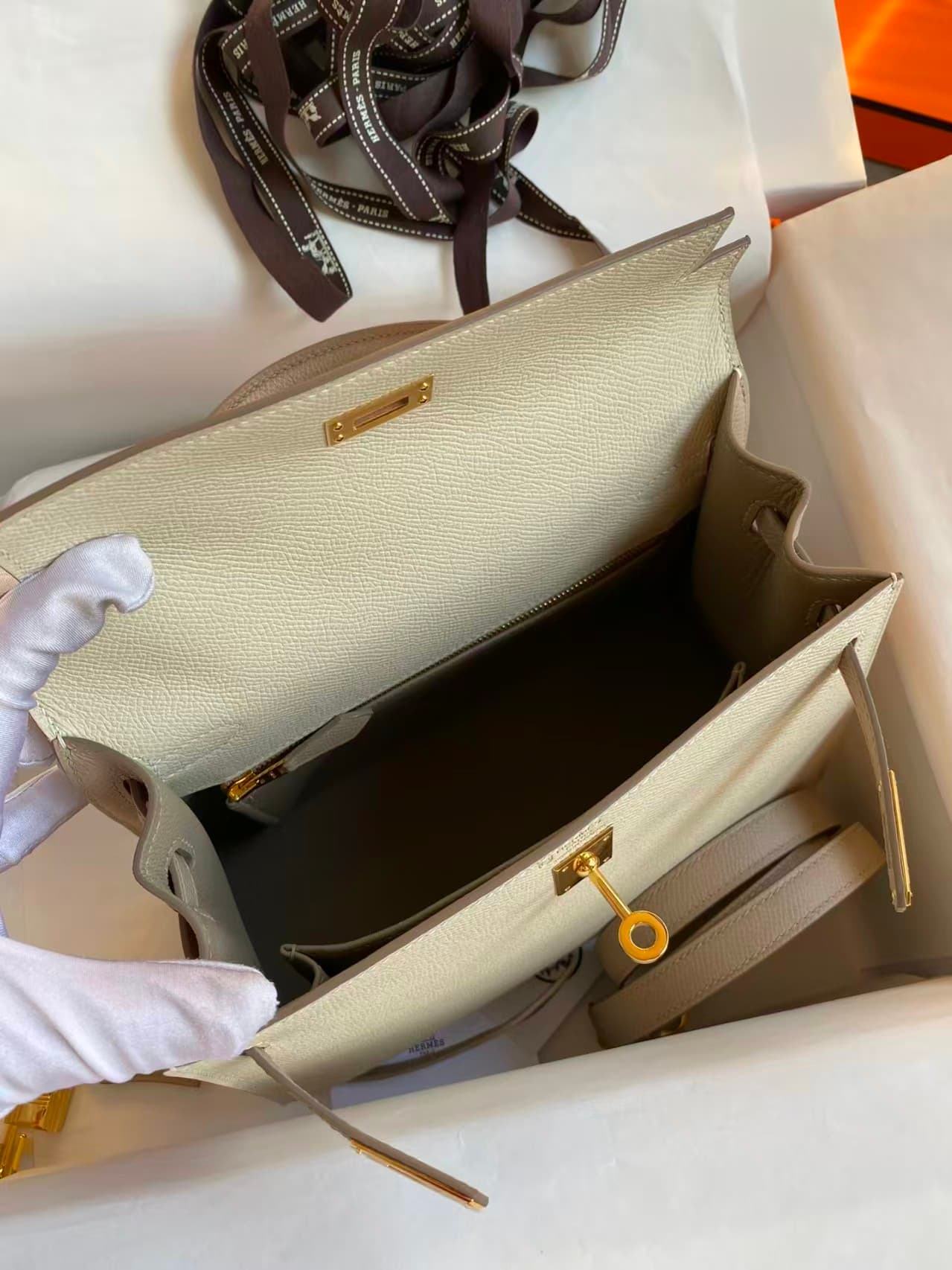 Hermes Kelly 25/28/32cm Sellier Bag Epsom Leather WAX-Bicolor Craie/Trench High Customizing style