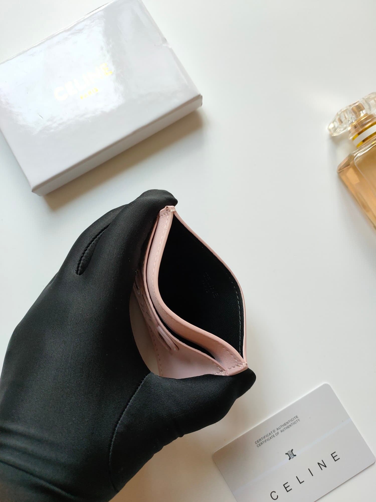 Celine Triomphe card holder in pink shiny calfskin leather 10B703 High