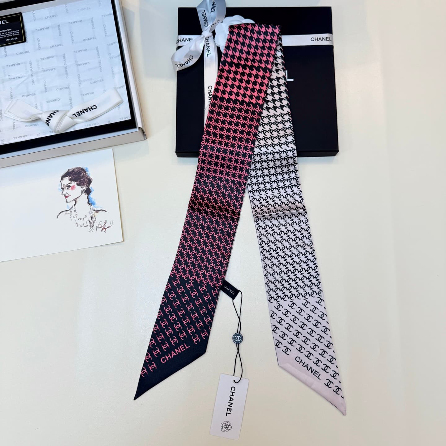 Chanel Silk Twill Houndstooth Slim Bandeau Scarf
