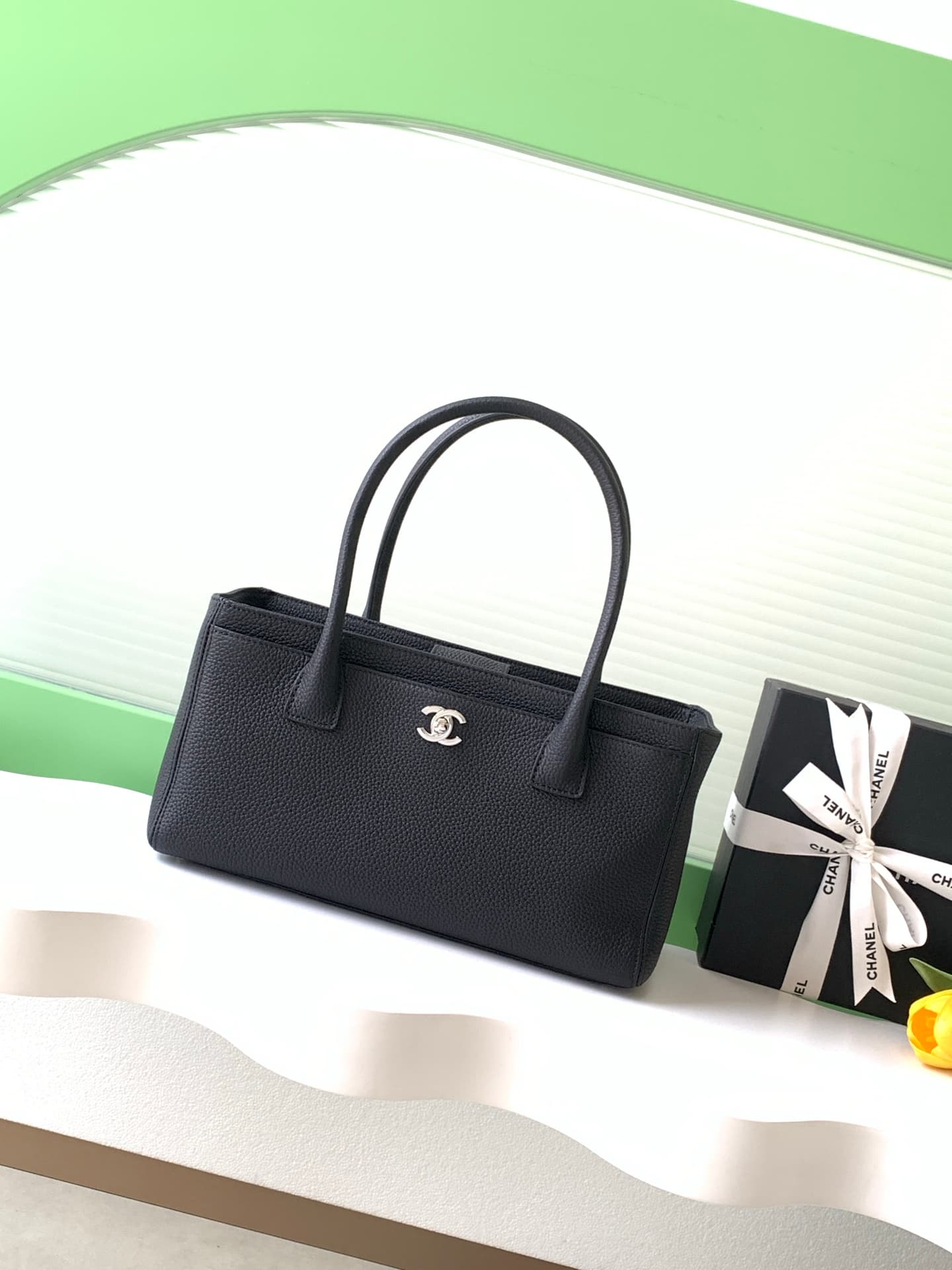 Chanel Cerf Executive Shopper Tote bag Calfskin & Silver-Tone Metal Black AS2156 A