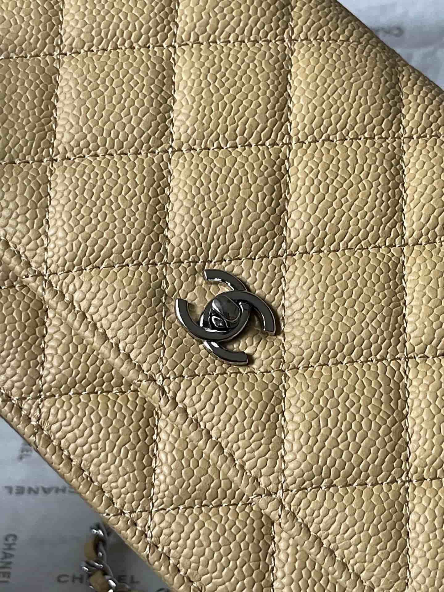 Chanel Classic Wallet on Chain Grained Shiny Calfskin & Silver-Tone Metal AP4241 Beige A