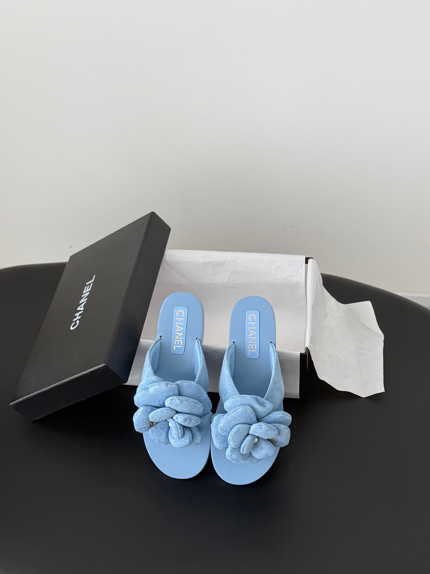 Chanel Camellia suede thong sandals