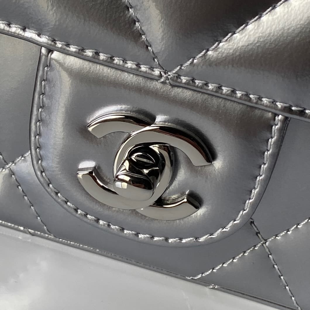 Chanel Mini Flap Bag with Top Handle Calfskin& Silver-tone Metal Silver AS5805 A