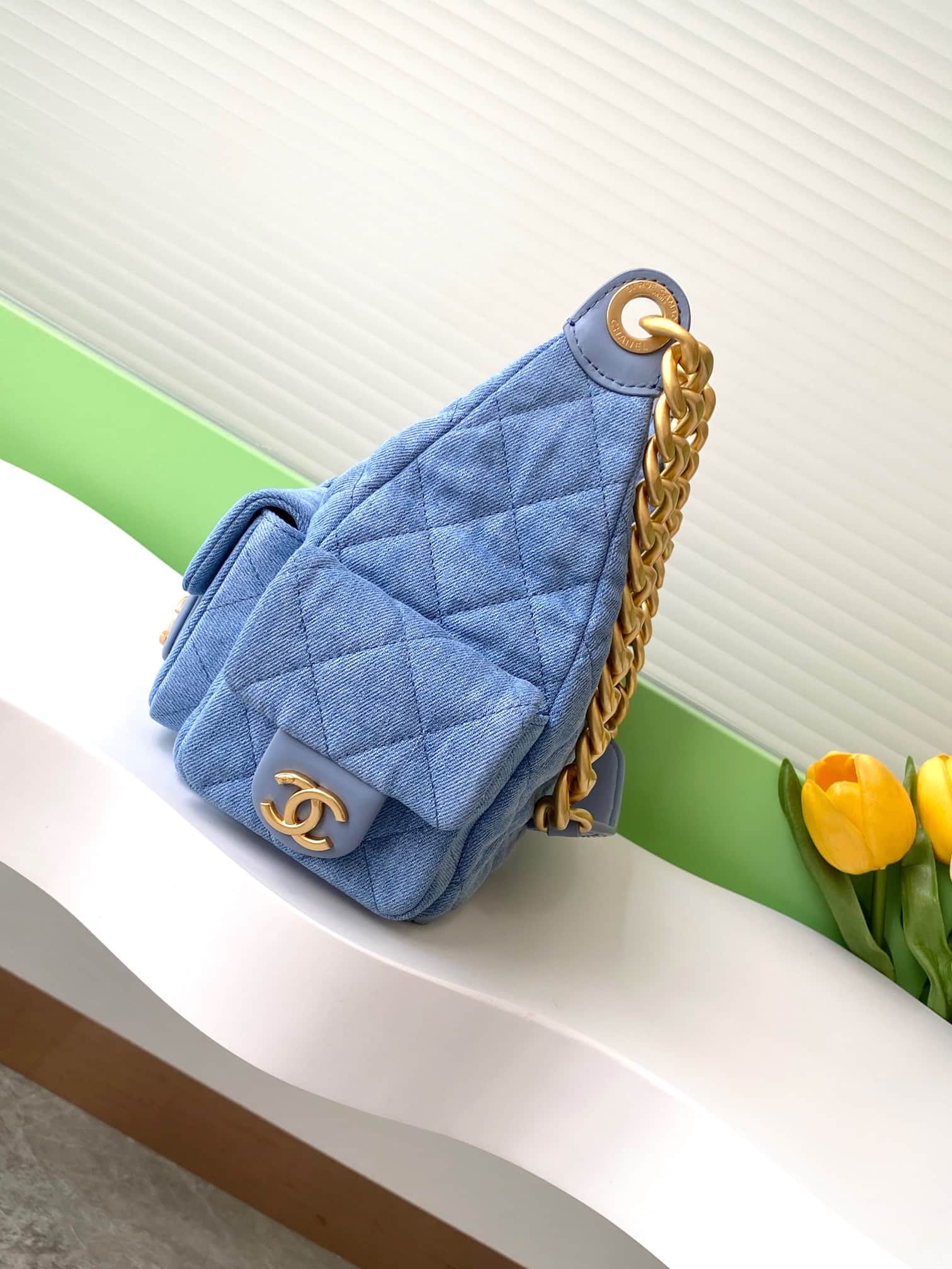 Chanel Trendy Pockets Hobo Bag Denim & Gold Metal Blue AS5339 A