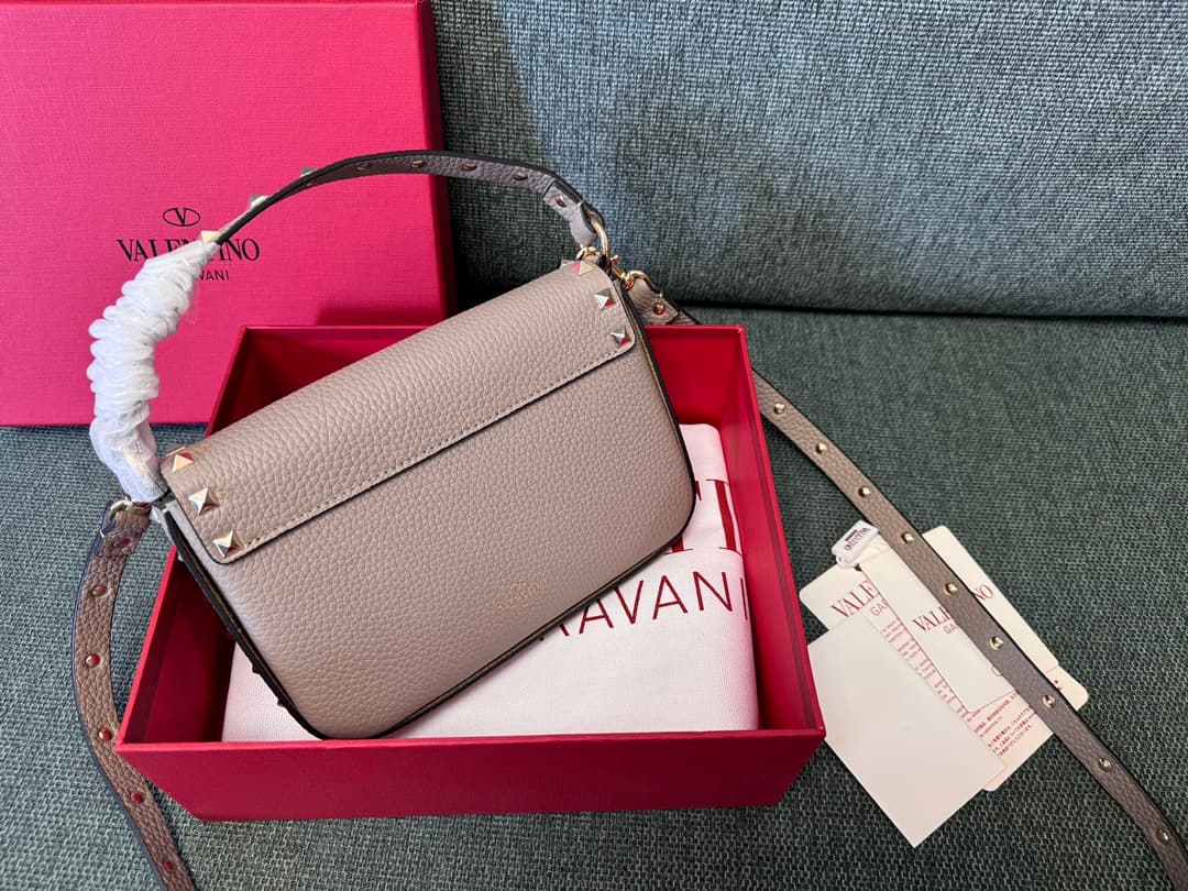 Valentino Garavani Mini Rockstud Grainy Leather Crossbody Bag in Grey High