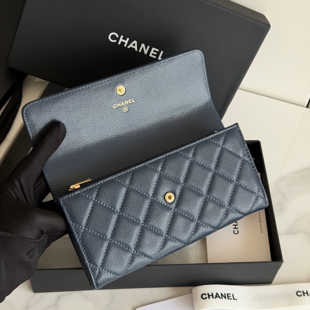 Chanel Wallet Shiny Grained Calfskin Strass & Gold-Tone Metal Dark Blue AP5076 High