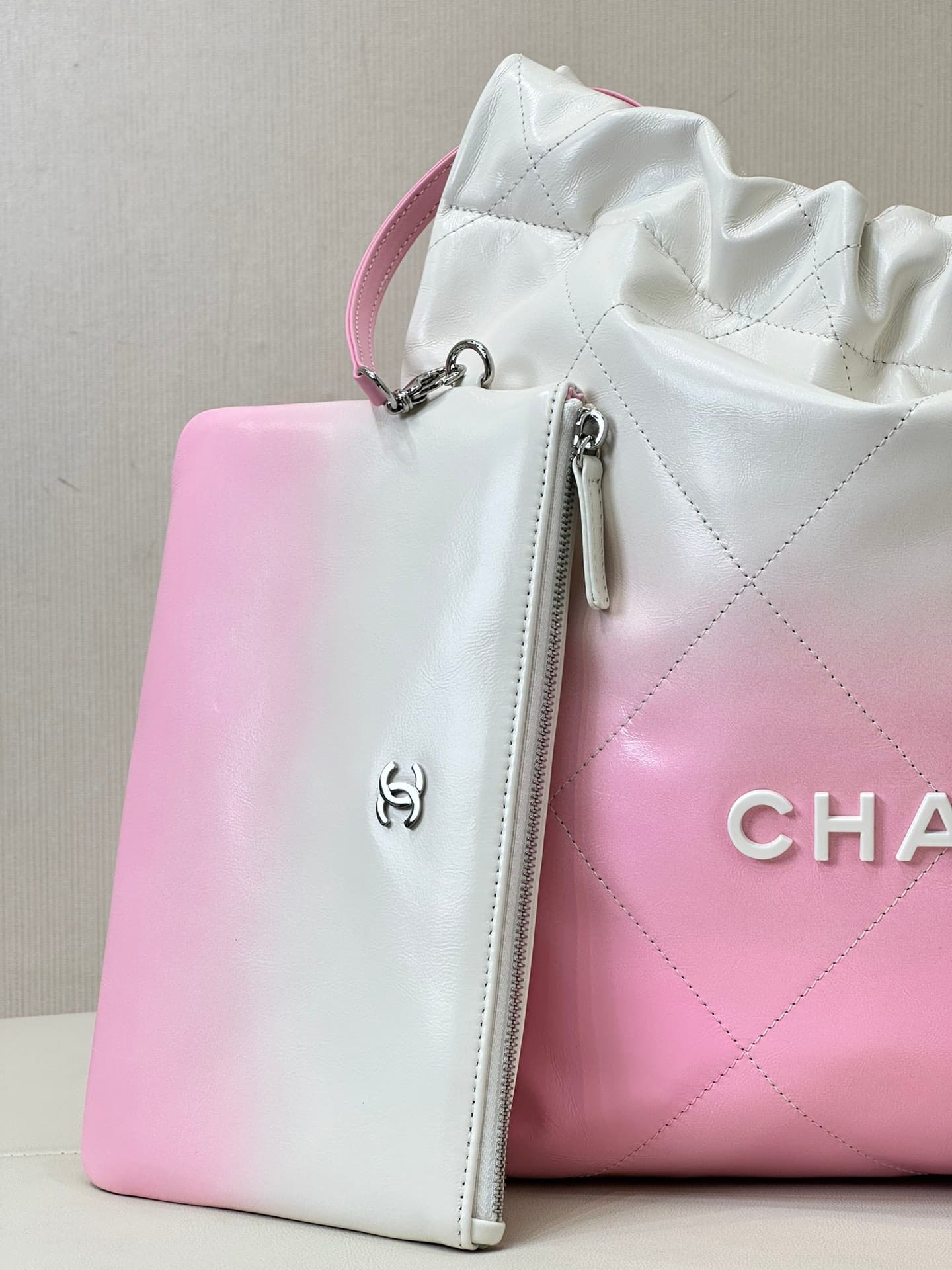 Chanel 22 Small handbag Shiny calfskin & White-tone metal AS3260 White with Pink TOP