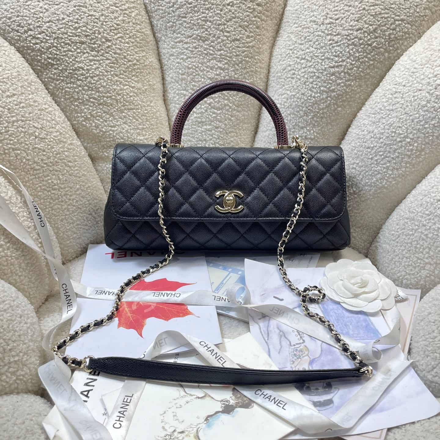 Chanel Maxi Flap Bag with Top Handle Grained Calfskin& Gold-Tone Metal AS6091 Black A