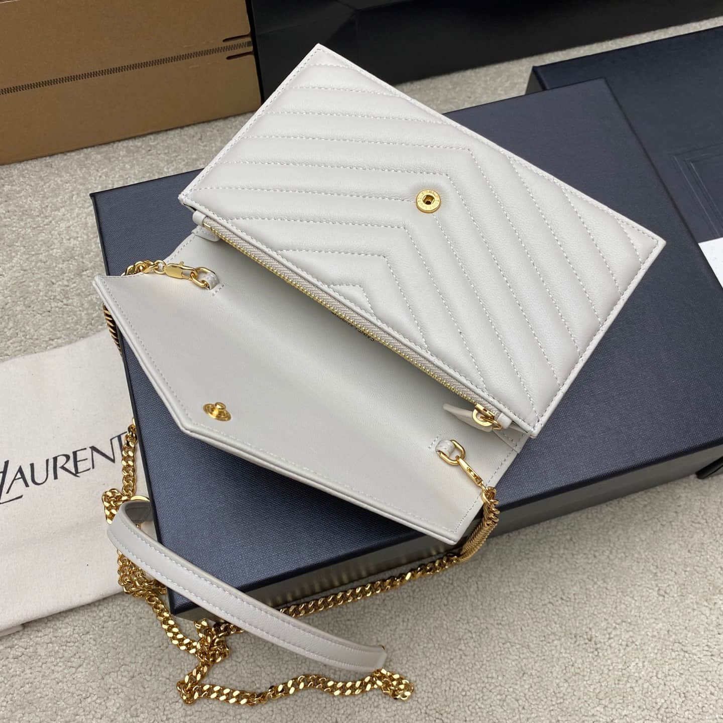 Saint Laurent Monogram Matelassé Cassandre Wallet on Chain White Lambskin 393953 High