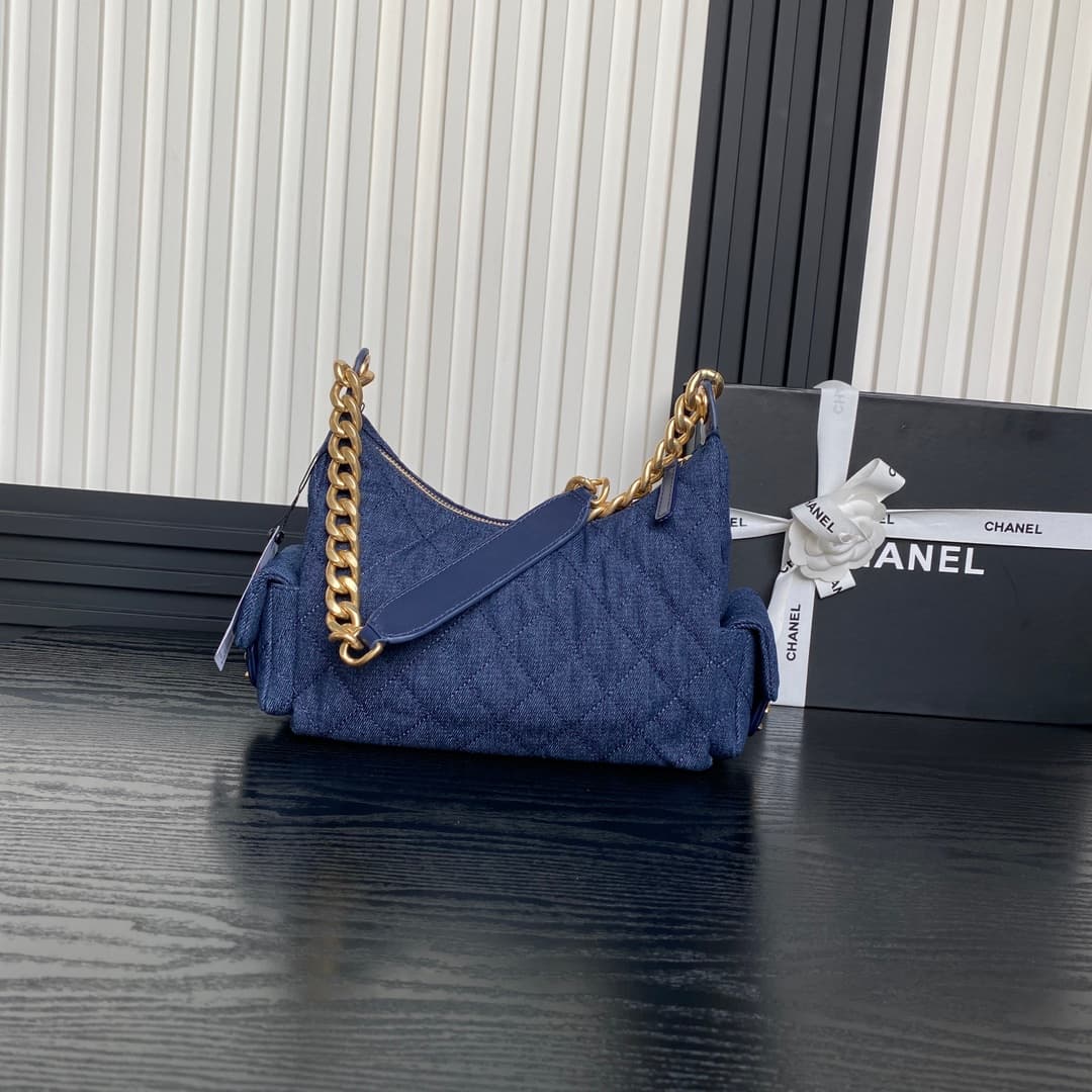 Chanel Trendy Pockets Hobo Bag Denim & Gold Metal Blue AS5339 A