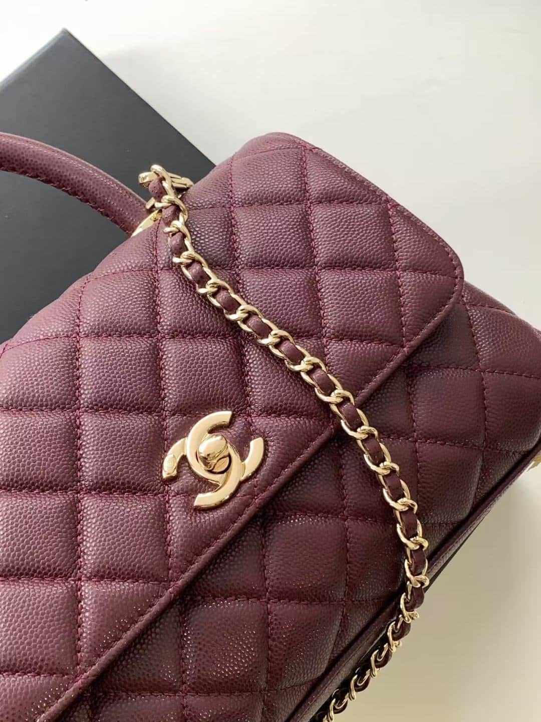 FLAP BAG WITH TOP HANDLE Grained Calfskin & Gold-Tone Metal A92990 Burgundy Binding A