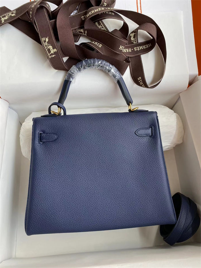 Hermes Kelly 25/28/32cm Retourne Bag Togo Leather In bleu obscur WAX High