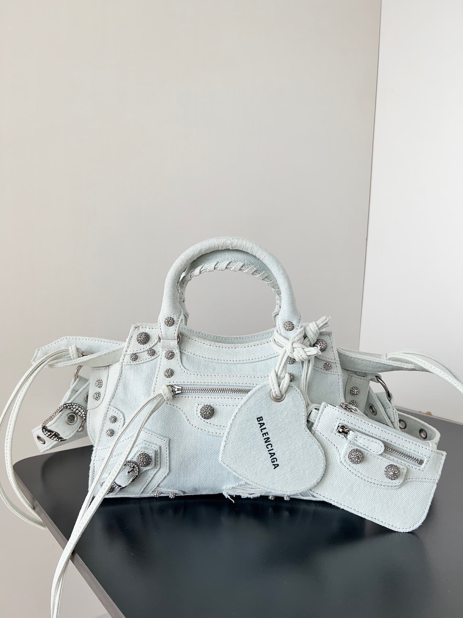 Balenciaga Small Neo Cagole City bag in Washed Frayed Denim with crystal High
