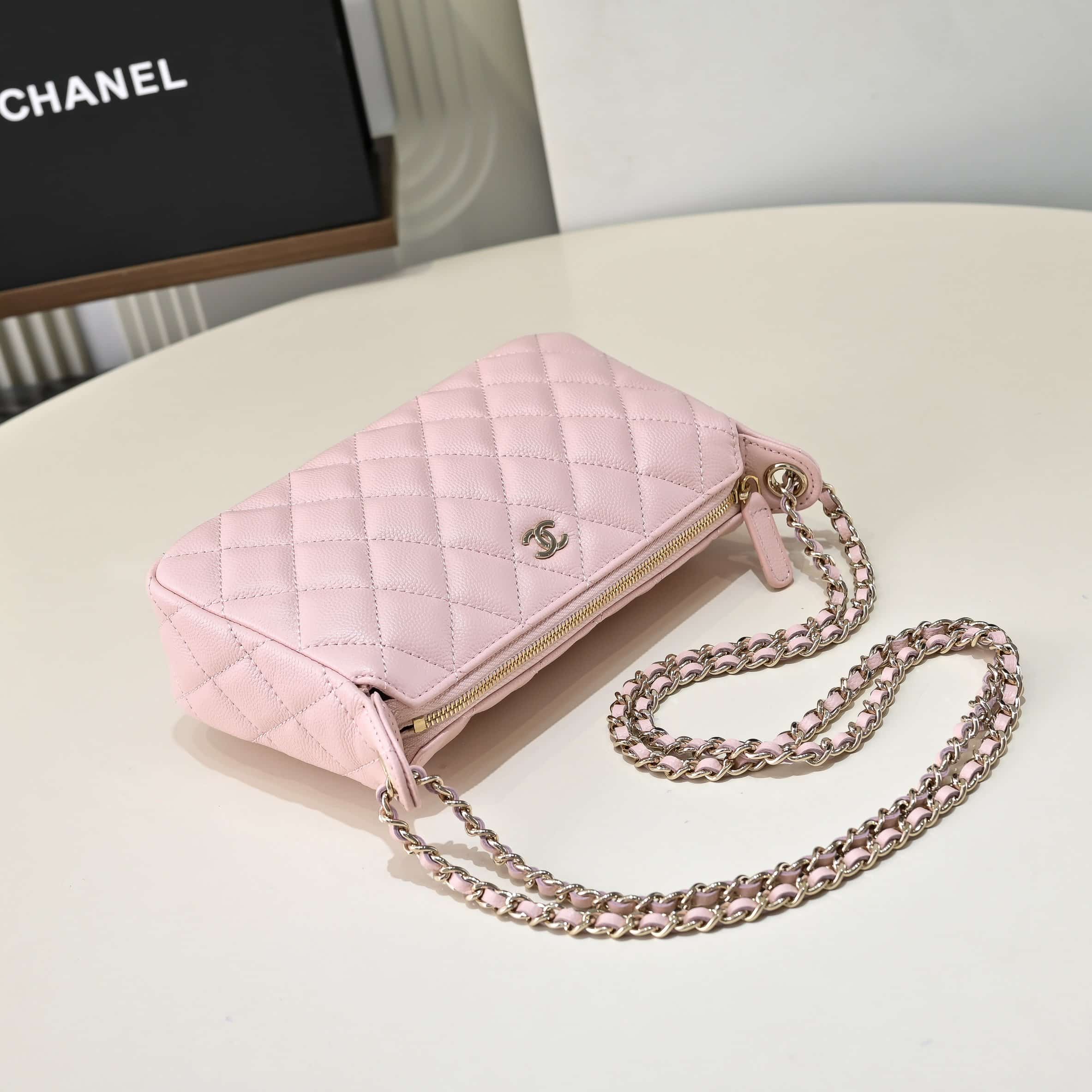Chanel Chain Wallet Grained Shiny Calfskin & Gold-Tone Metal AS4704 Pink A