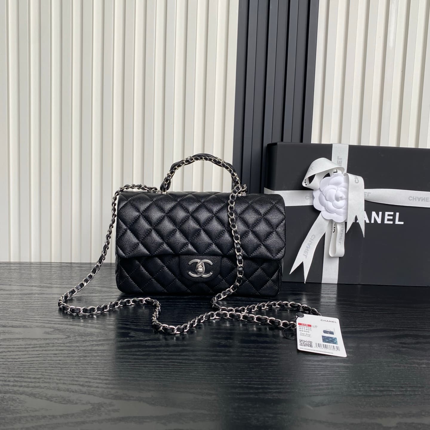 Chanel Small Flap Bag with Top Handle Grained Shiny Calfskin & Silver-Tone Metal Black AS5702 A