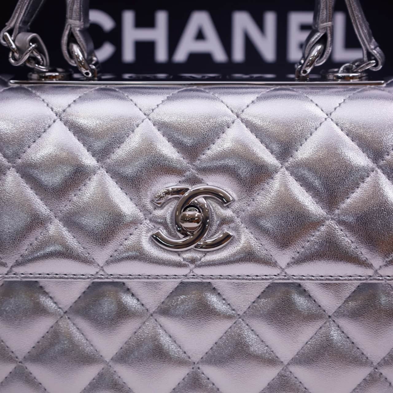 Chanel MINI FLAP BAG WITH TOP HANDLE AS4654 Lambskin & Silver-Tone Metal Silver A