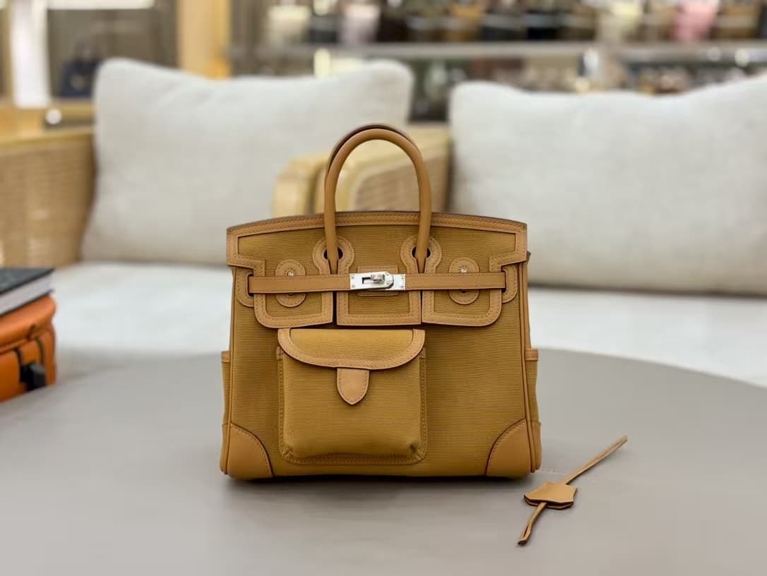 Hermes Birkin Cargo bag 25 Canvas & Swift leather Sesame Silver Metal WAX High