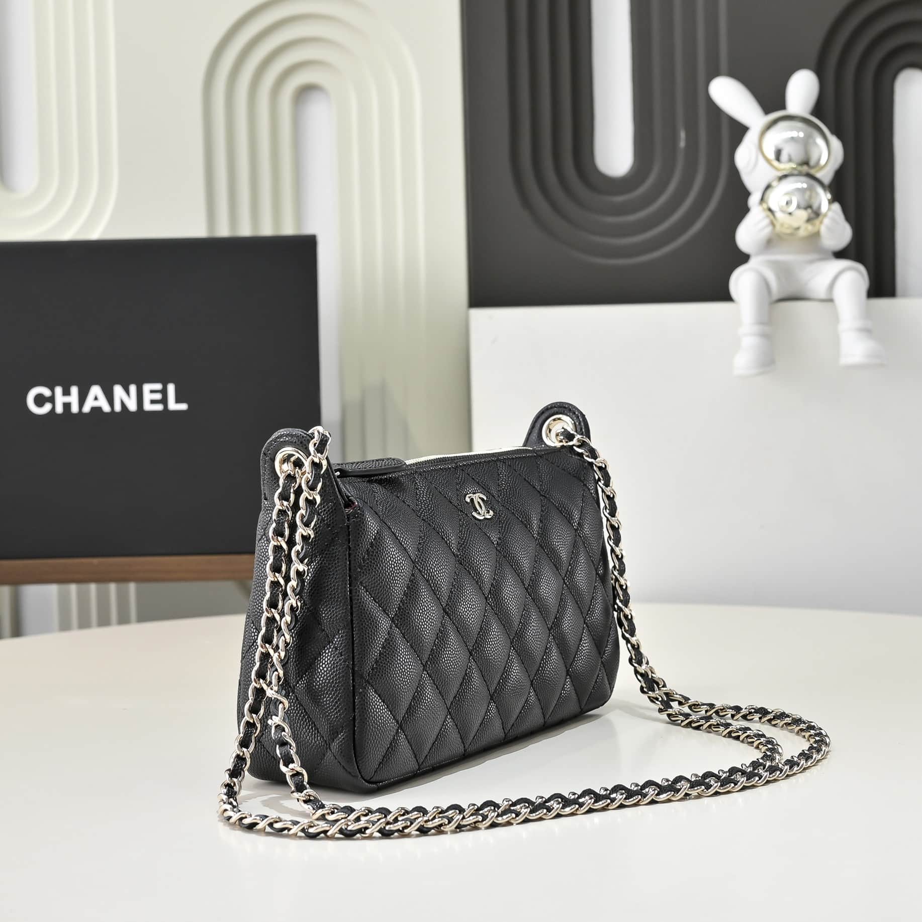 Chanel Chain Wallet Grained Shiny Calfskin & Gold-Tone Metal AS4704 Black A