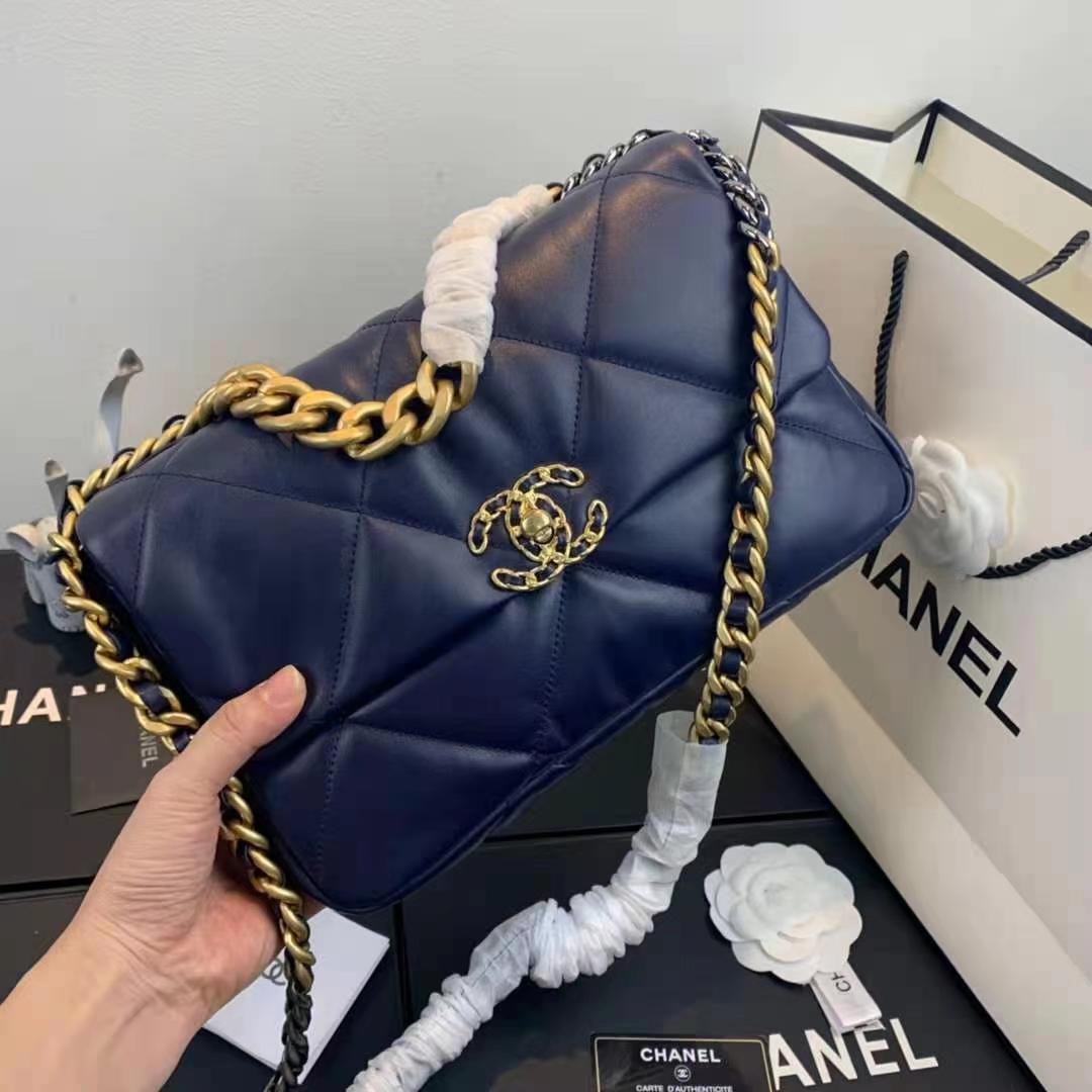 Large Chanel 19 Flap Bag Lambskin Navy High