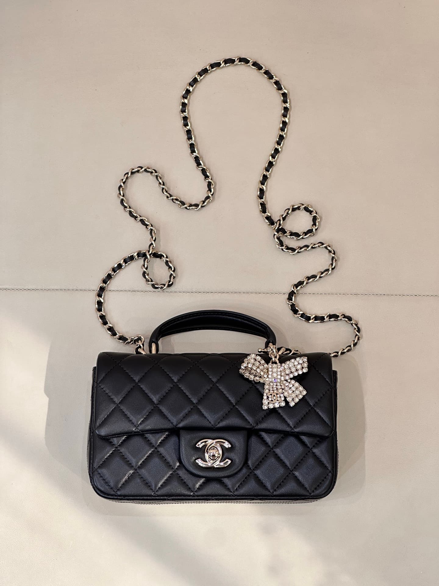 Chanel Mini Classic Handbag Lambskin Strass & Gold-Tone Metal AS2431 black TOP