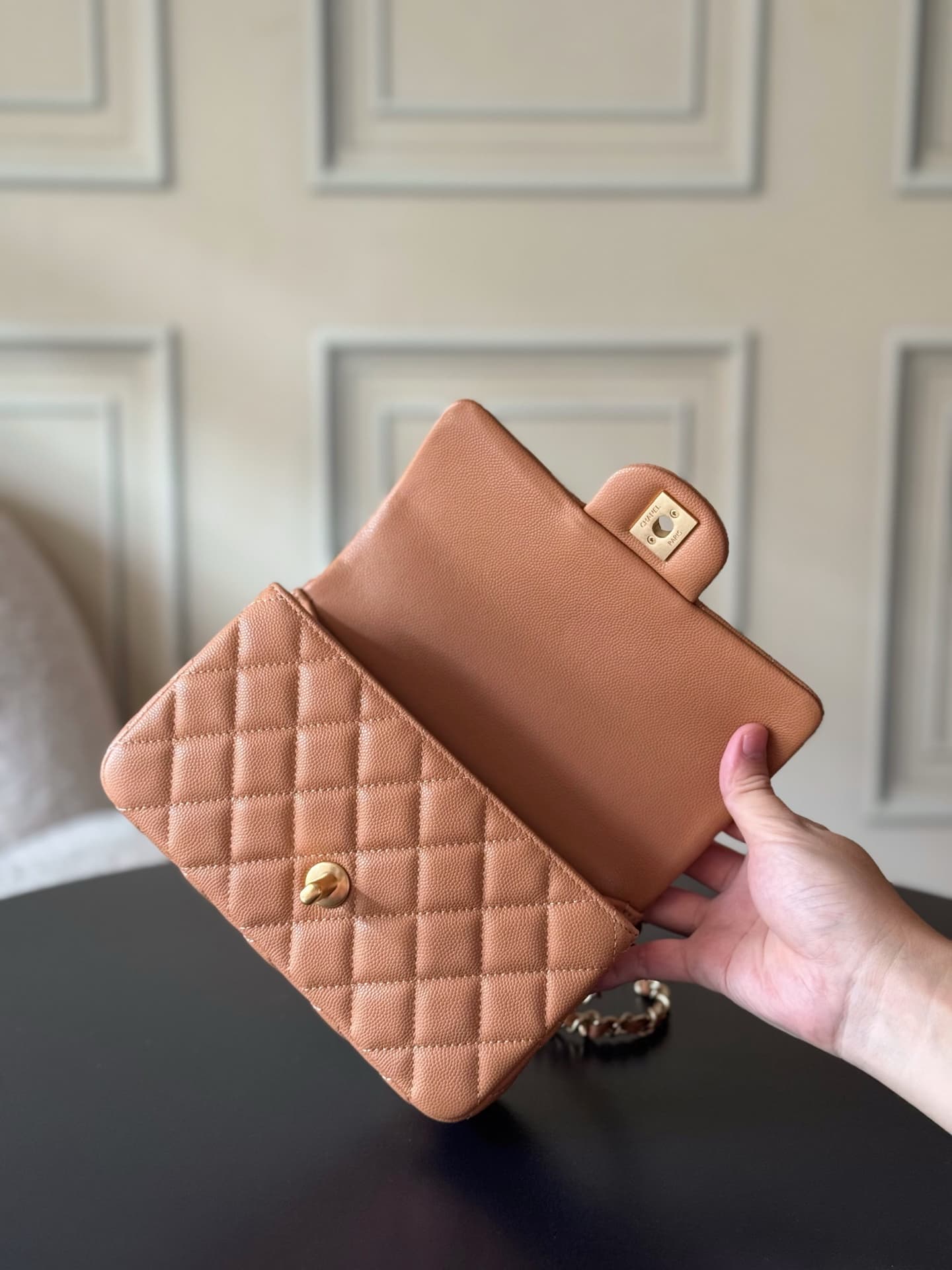 Chanel Mini Flap Bag with Top Handle Grained Shiny Calfskin & Gold-Tone Metal Caramel AS5701 TOP