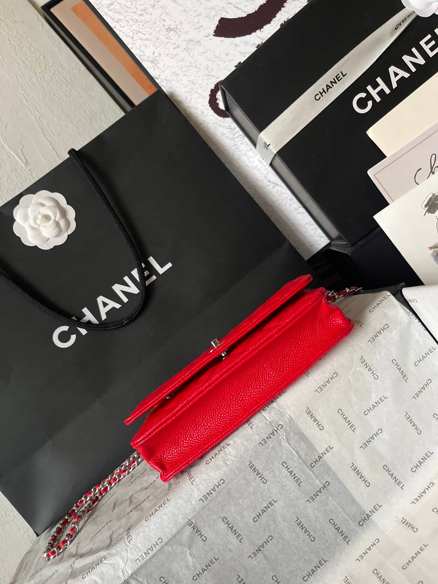 Chanel Classic Wallet on Chain Grained Shiny Calfskin & Silver-Tone Metal AP4241 Red A