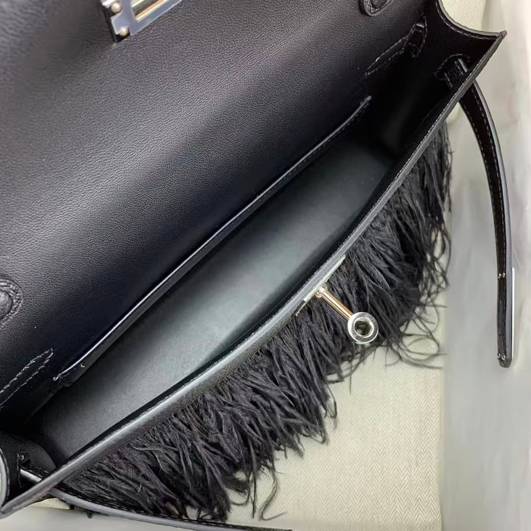 Hermes Kelly Elan  Madame Leather Black Silver-Metal Ostrich Feathers WAX High Customized Style