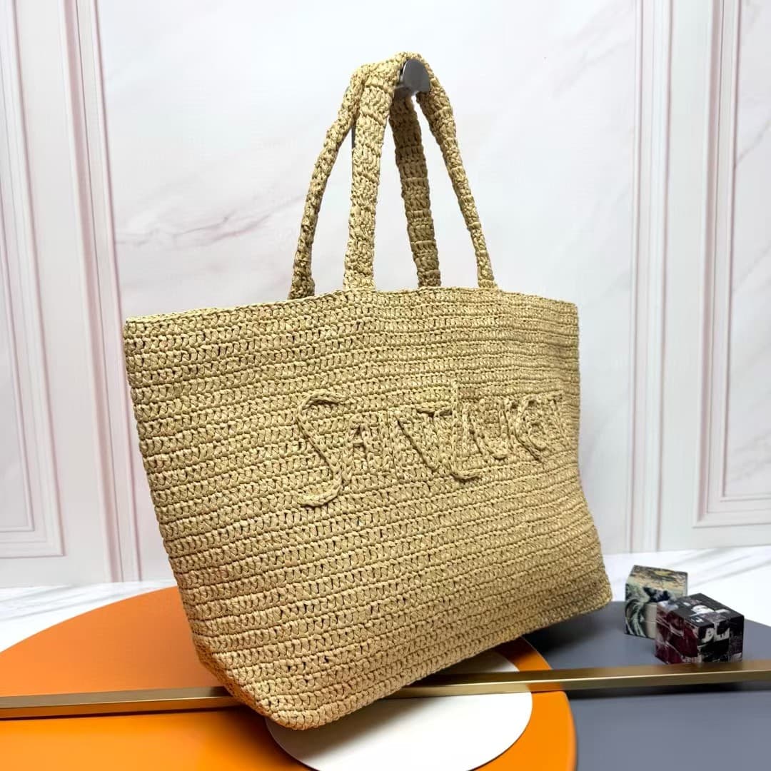 YSL Large Logo Embroidered Raffia Tote Bag High