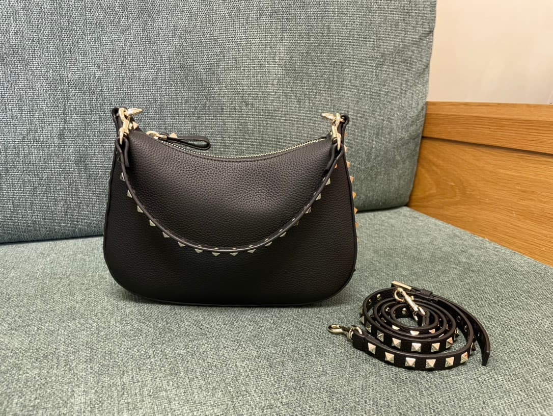 Valentino Garavani Rockstud Hobo bag in grainy black calfskin high