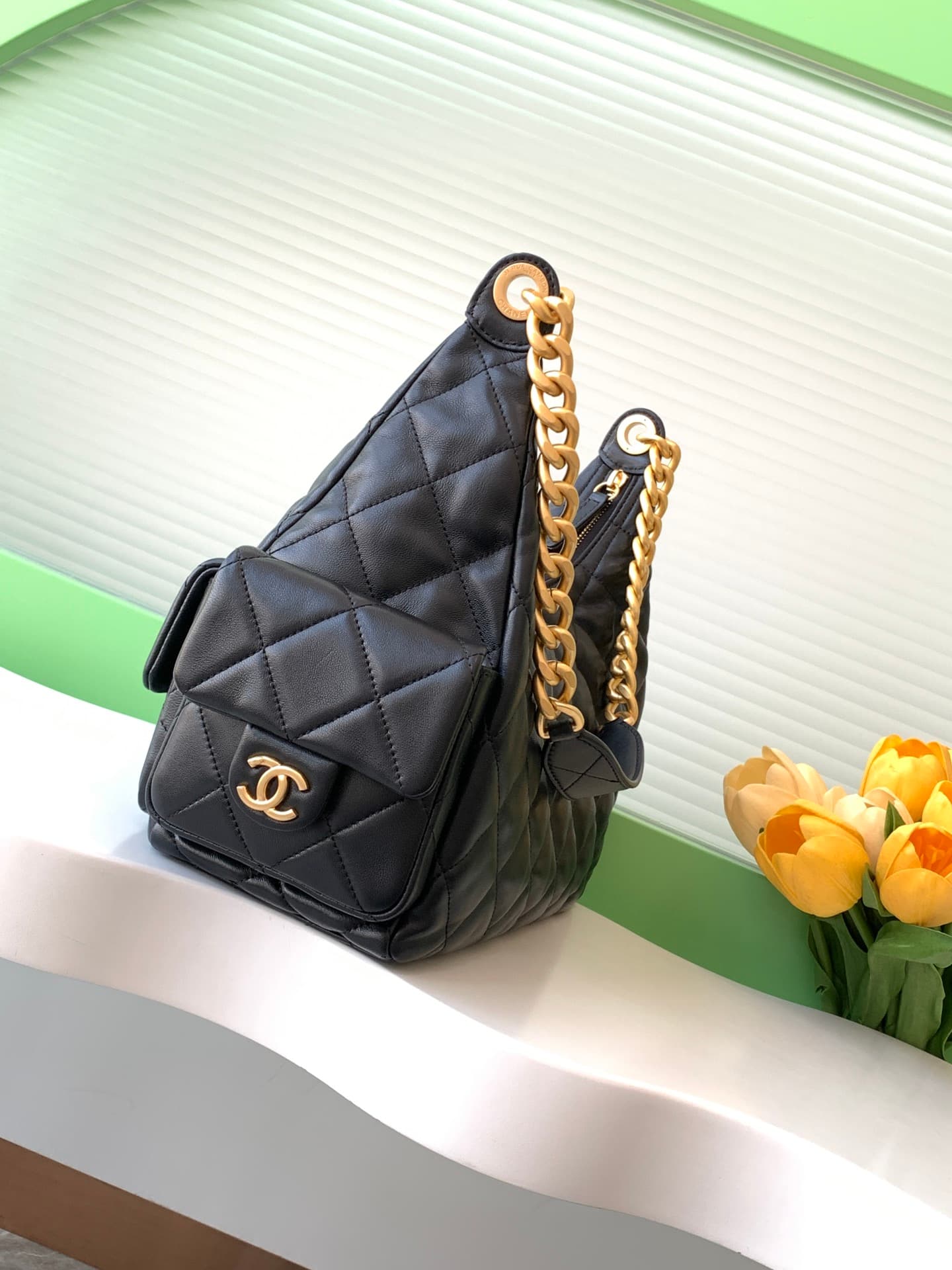 Chanel Trendy Pockets Hobo Bag Lambskin & Gold Metal Black AS5302 A