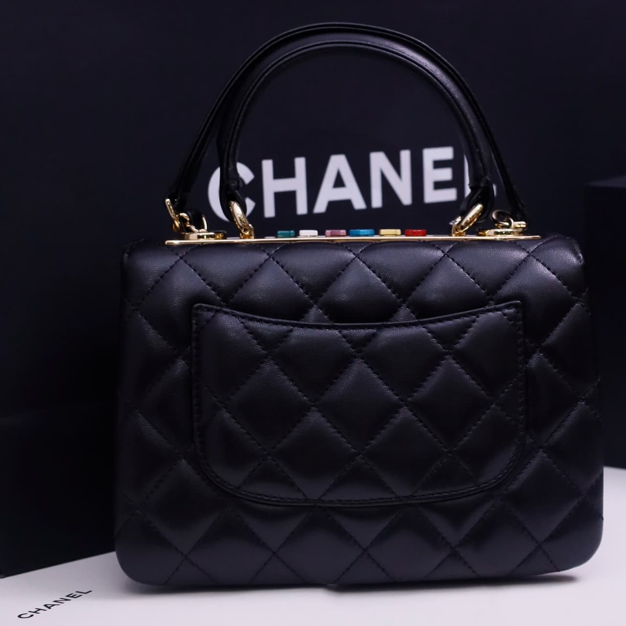 Chanel MINI FLAP BAG WITH TOP HANDLE AS4654 Lambskin &Gold-Tone Metal Black A