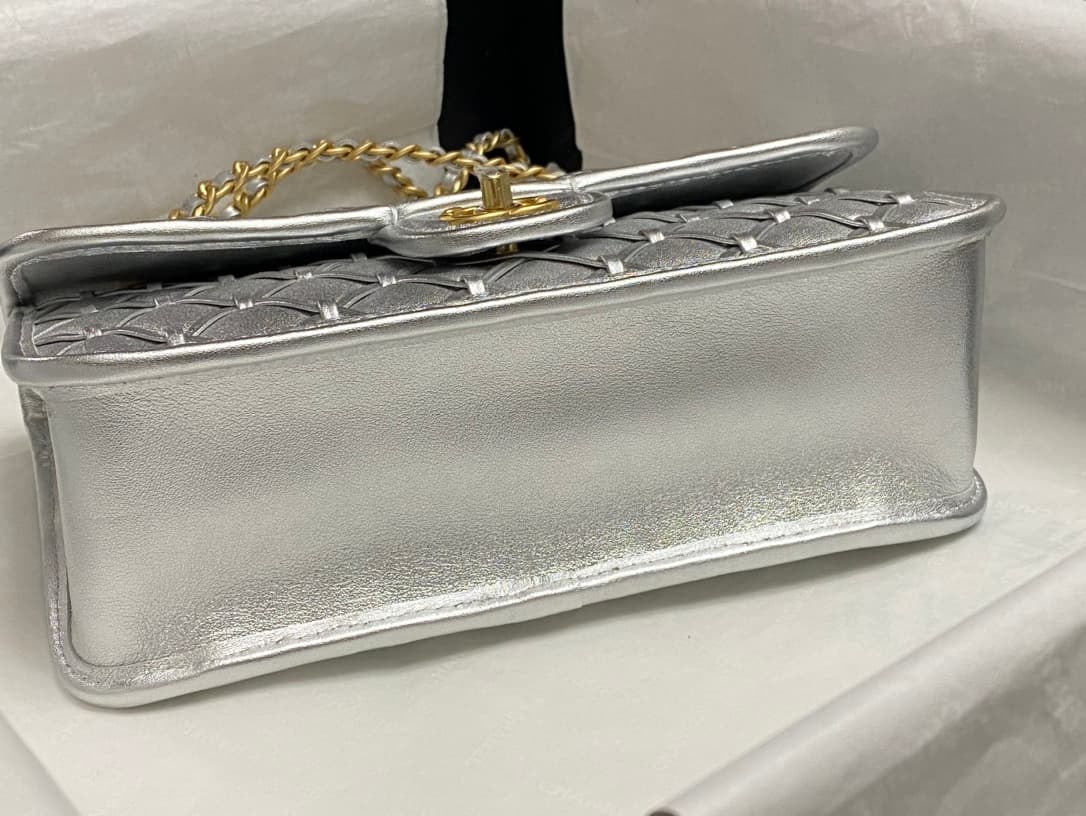 Chanel Small Flap Bag Metallized Braided Calfskin & Gold-Tone Metal  Silver AS4797 High
