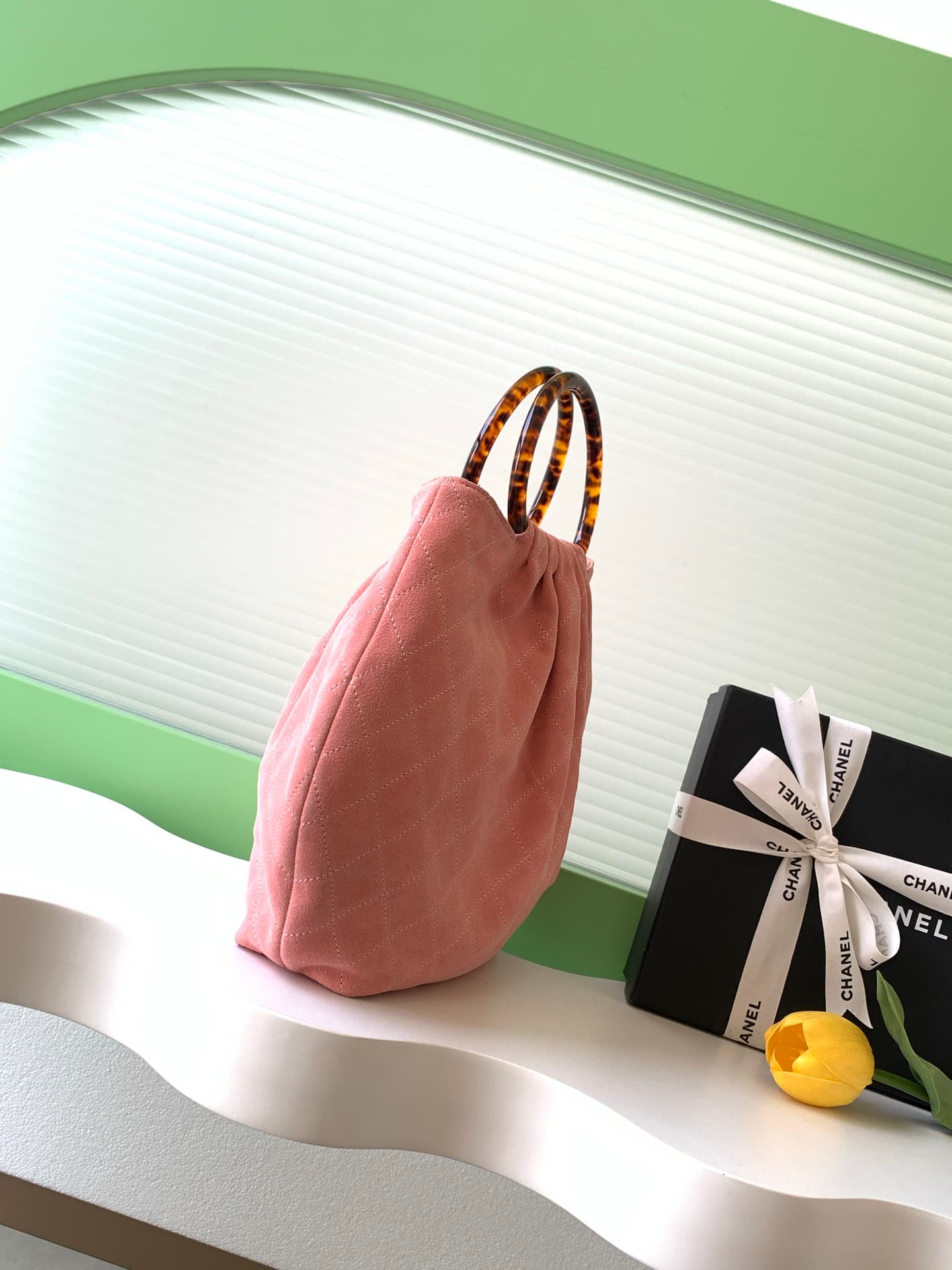 Chanel Medium Hobo Bag Suede Calfskin Turtoise-Shell Effect Plexi & Gold-Tone Metal Pink AS6010 High